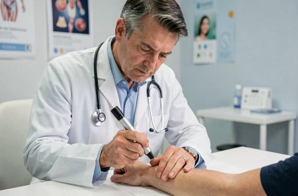 Médecin examinant la peau d'un patient avec un dermatoscope lors d'une consultation médicale pour détecter un cancer
