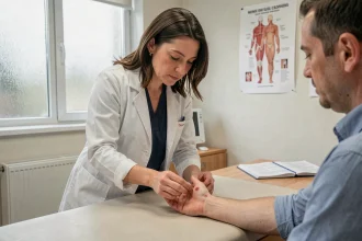 Médecin généraliste examinant une érythème migrant sur le bras d'un patient, signe typique de la maladie de Lyme