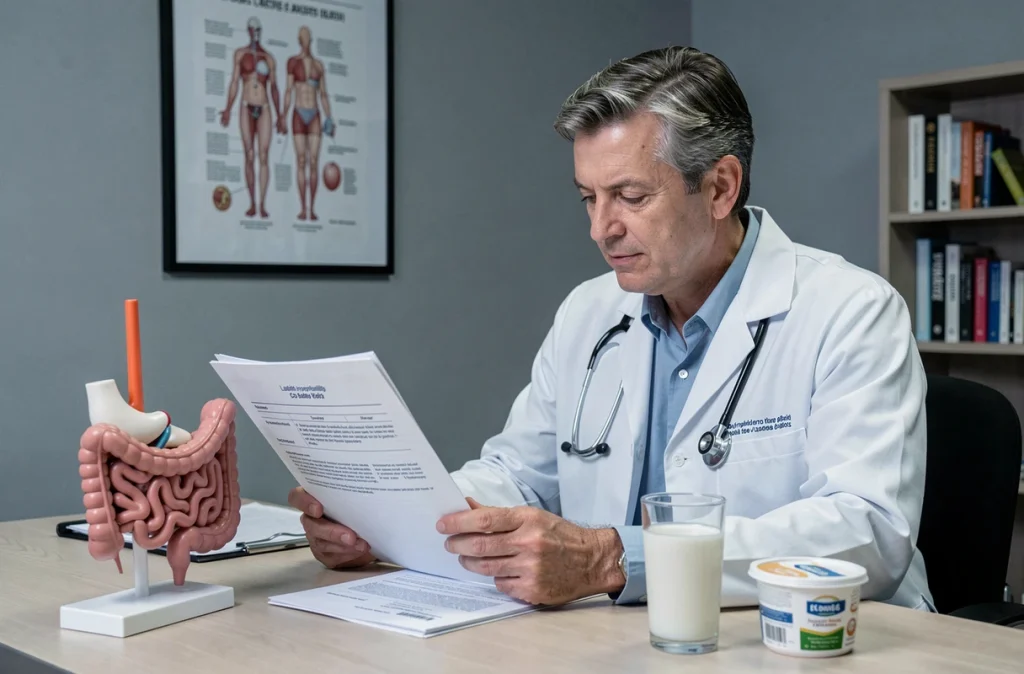 Médecin gastroentérologue examinant un rapport sur l'intolérance au lactose dans son cabinet médical