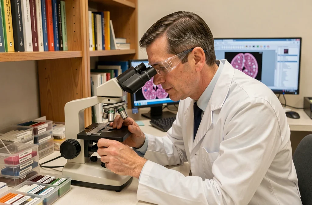 Médecin pathologiste analysant des cellules épithéliales urinaires au microscope optique en laboratoire