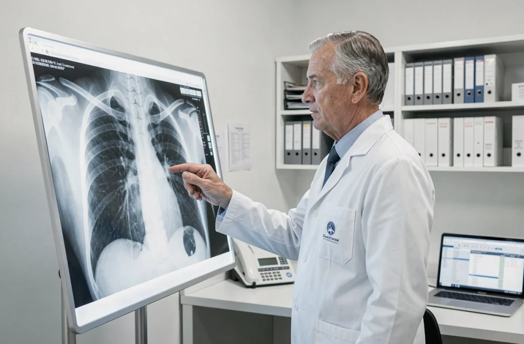 Médecin examinant une radiographie pulmonaire sur un négatoscope pour diagnostiquer une bronchite chronique chez un fumeur