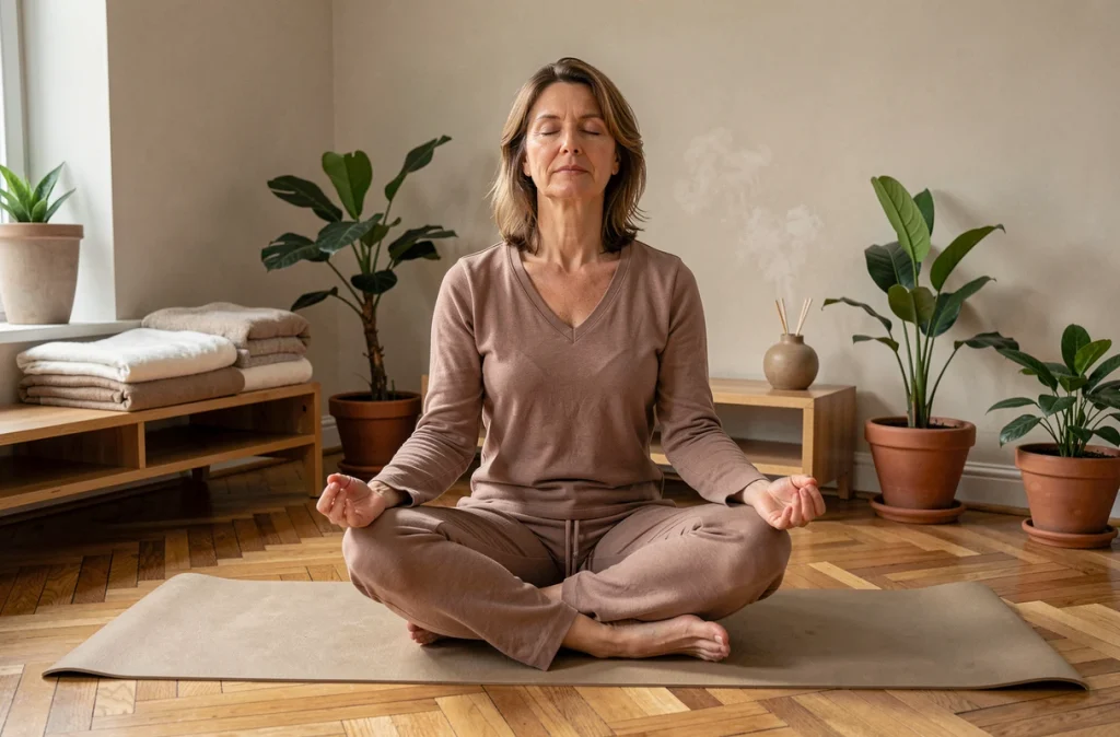 Femme méditant sur un tapis de yoga dans un salon paisible avant de dormir, pratique de relaxation nocturne soutenant les efforts minceur