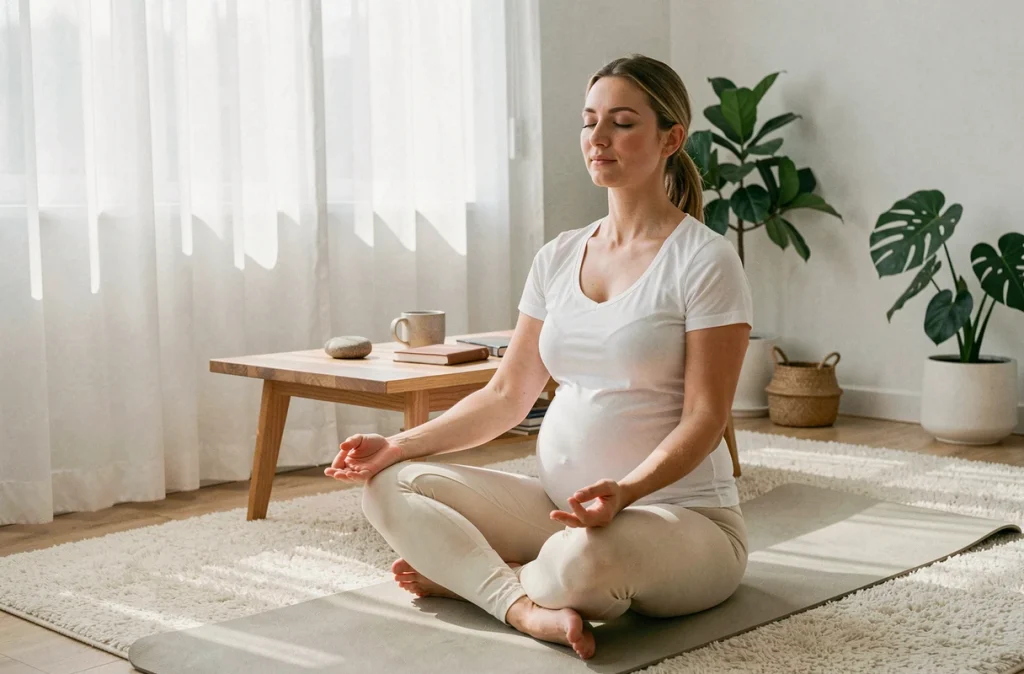 Femme enceinte pratiquant la méditation à domicile pour le bien-être émotionnel pendant la grossesse