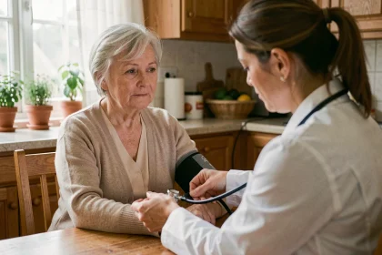 Une médecin mesure la tension artérielle d'une femme âgée à domicile, illustrant le suivi de l'hypertension chez les seniors