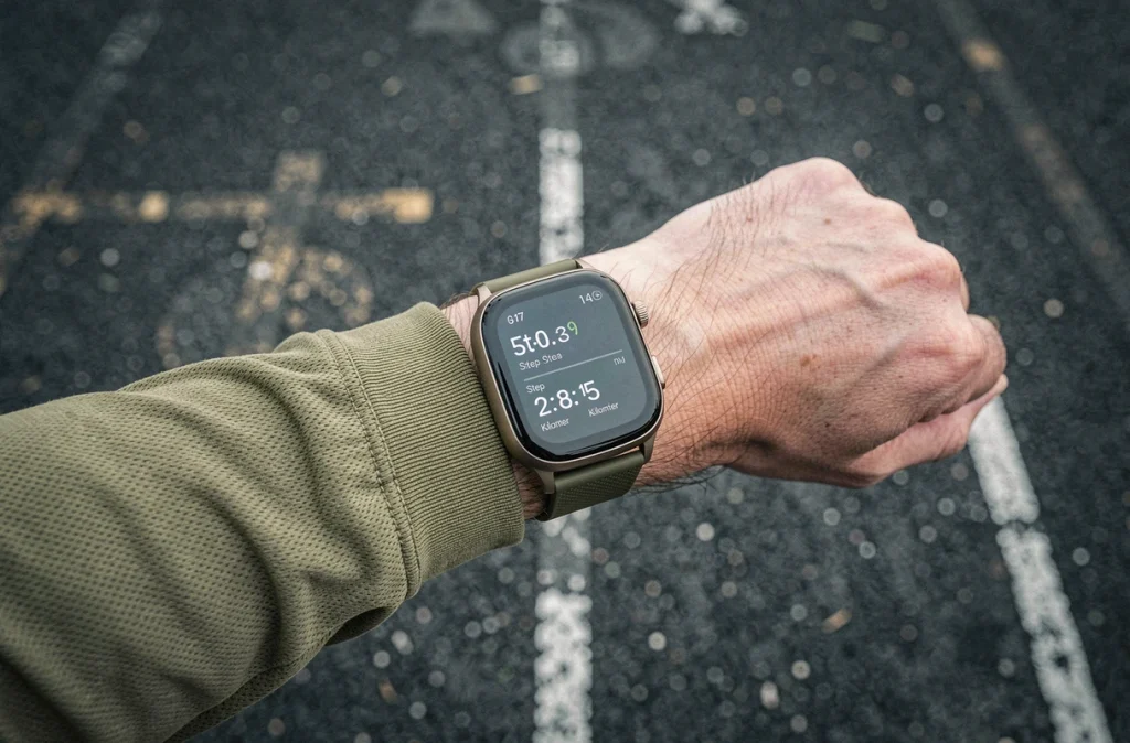 Gros plan d'une montre connectée affichant un compteur de pas et une distance en kilomètres sur une piste d'athlétisme