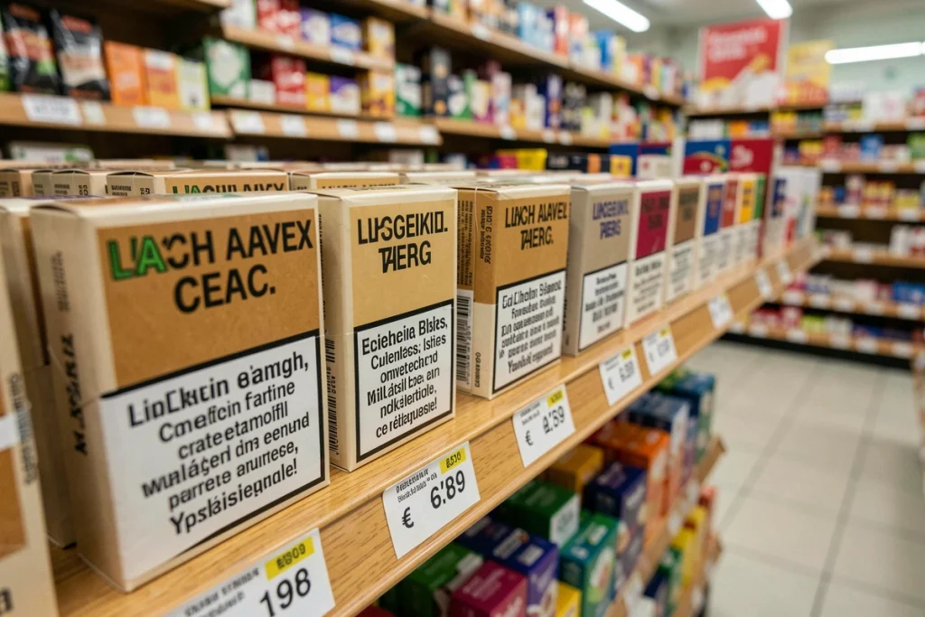 Paquets de cigarettes alignés sur une étagère de tabac belge avec des étiquettes de prix en euros