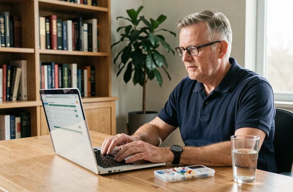 Homme en cours de chimiothérapie travaillant sur un ordinateur portable à domicile avec un pilulier posé sur le bureau