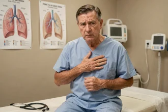 Patient fumeur âgé de 55 ans consultant un médecin pour bronchite chronique, main sur la poitrine dans un cabinet médical