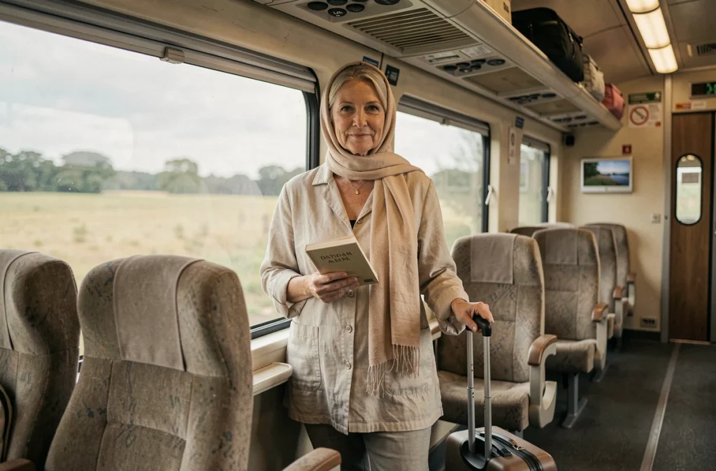 Patiente sous chimiothérapie voyageant seule en train avec une valise, foulard sur la tête et livre à la main
