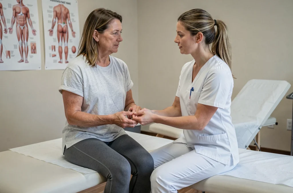 Patiente atteinte de polyarthrite rhumatoïde en séance de kinésithérapie, thérapeute examinant son poignet douloureux en clinique