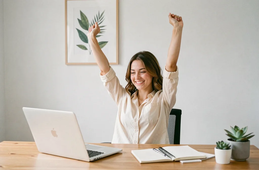 Jeune femme fermant son ordinateur portable pour prendre une pause numérique dans un bureau minimaliste à domicile