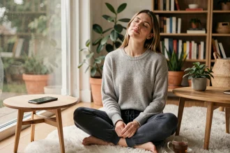 Femme faisant une pause numérique en méditant dans un salon scandinave, smartphone retourné posé sur une table