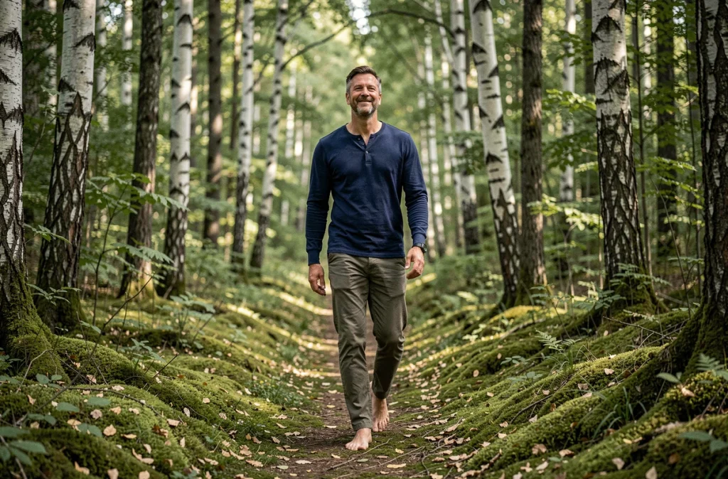 Homme se promenant seul en forêt sans téléphone, profitant d'une pause numérique pour préserver sa santé mentale