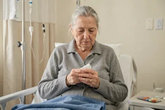Femme âgée hospitalisée souffrant de complications de la grippe, assise dans un lit d'hôpital avec médicaments et perfusion