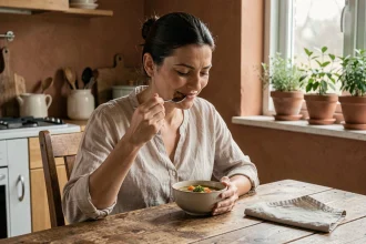 Femme savourant une petite portion de soupe dans un bol en céramique, illustrant la satiété avec de petites quantités de nourriture