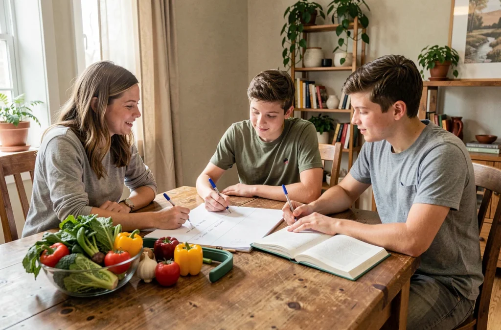 Famille planifiant les repas de la semaine ensemble autour d'une table avec des légumes frais et un carnet