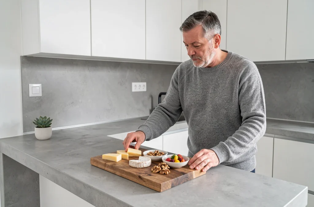 Homme préparant un plateau de petites portions équilibrées avec fromage, noix et fruits dans une cuisine moderne