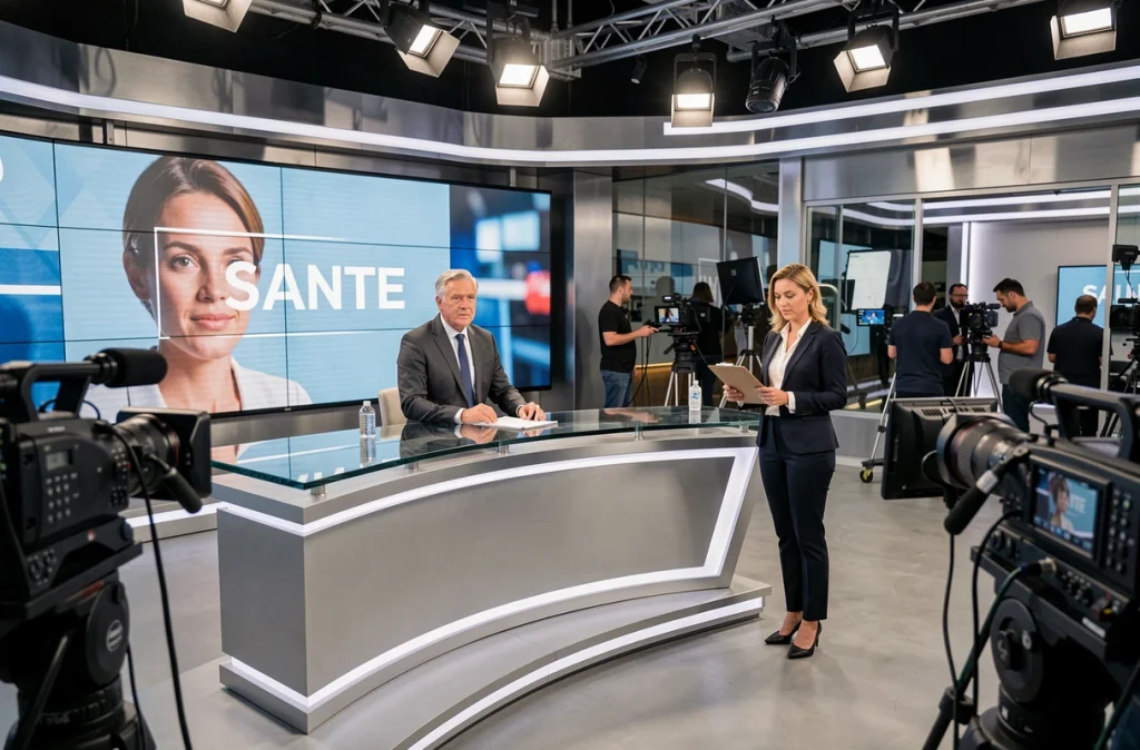 Plateau de télévision française avec présentateur et productrice discutant d'un reportage sur la santé d'une personnalité politique