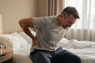 Homme tenant son bas du dos douloureux assis sur un lit le matin, illustrant une poussée de spondylarthrite