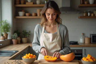 Femme préparant une courge butternut en cuisine pour alléger un repas du soir faible en calories