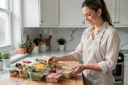 Femme préparant des repas équilibrés en avance dans des contenants en verre sur un plan de travail en bois
