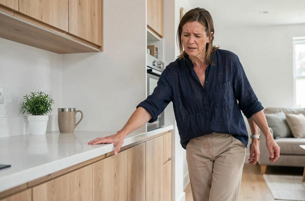 Femme souffrant de raideur articulaire dans la cuisine, symptôme typique d'une poussée de spondylarthrite
