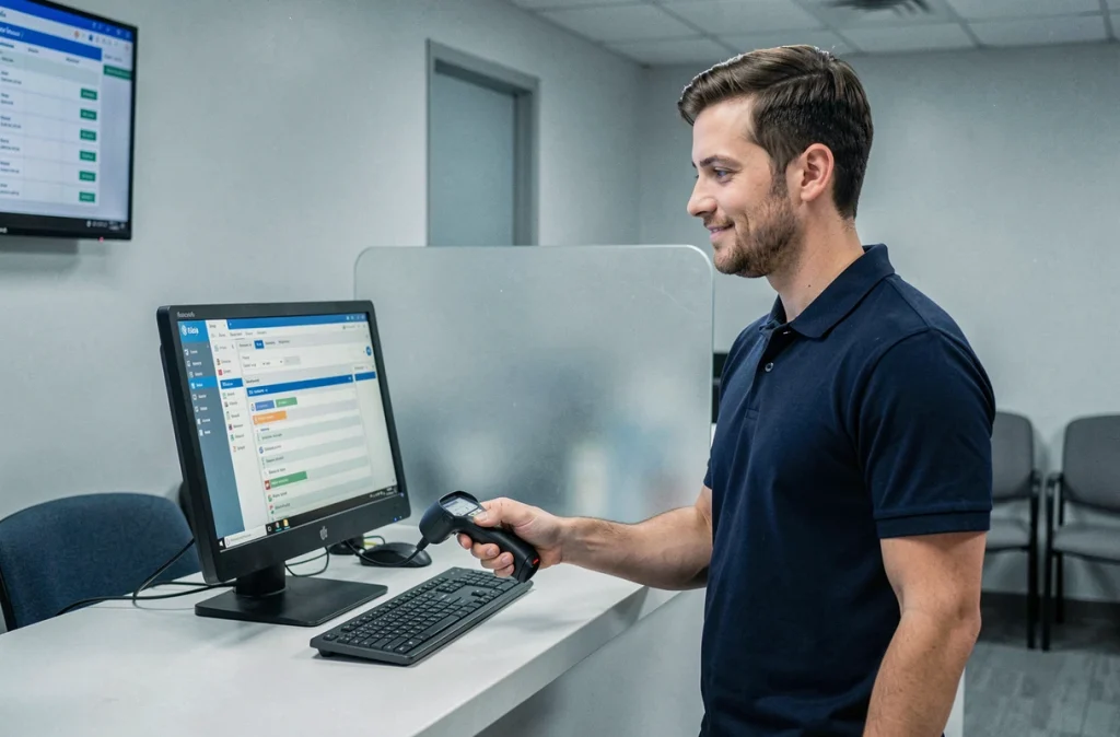 Réceptionniste médical numérisant une carte patient pour enregistrement dans un logiciel de gestion de dossiers médicaux électroniques
