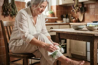 Femme âgée appliquant un remède de grand-mère aux herbes sur une jambe gonflée dans une cuisine rustique
