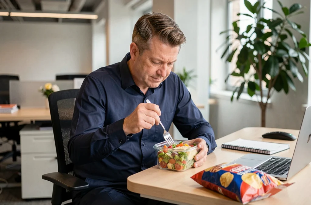 Homme au bureau mangeant un repas préparé à la maison plutôt que de grignoter des snacks