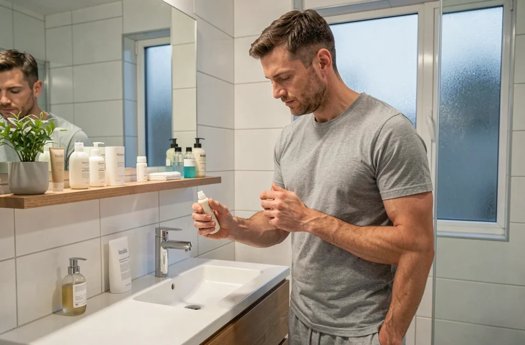 Homme se préparant pour la nuit dans une salle de bain moderne, rituel de sommeil sain favorisant la minceur et la récupération physique