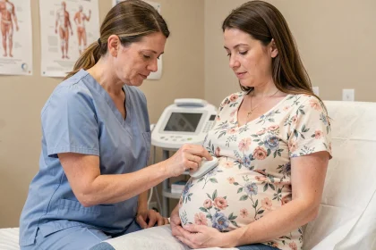 Sage-femme utilisant un Doppler pour écouter le cœur du bébé lors d'une consultation prénatale