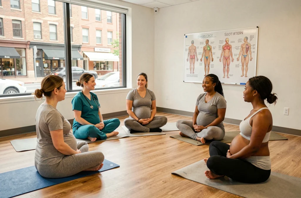 Sage-femme animant une séance de préparation à la naissance avec des femmes enceintes en groupe