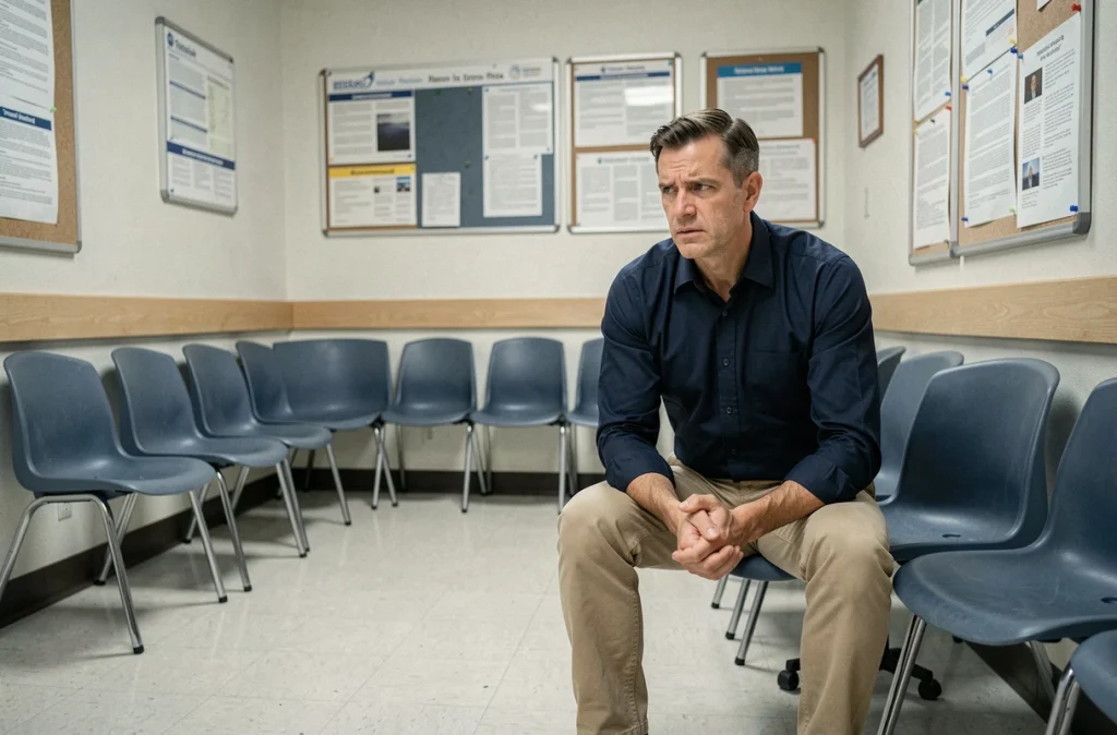 Homme en salle d'attente administrative exprimant une détresse intérieure discrète, symbolisant les défis du handicap psychique invisible lors d'un dossier MDPH