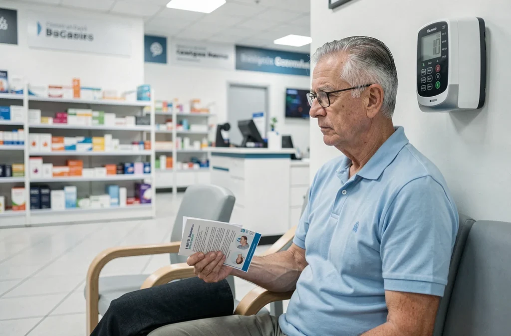 Un homme senior assis seul en pharmacie face à un appareil de mesure de tension artérielle, symbolisant le dépistage silencieux de l'hypertension