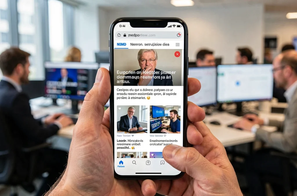 Smartphone affichant un article de fake news sur la santé d'un homme politique français dans une salle de rédaction moderne