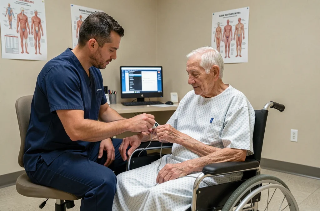 Soignant mesurant la saturation en oxygène d'un patient âgé fragile lors d'un suivi médical post-grippe