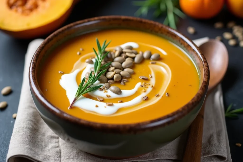 Soupe de courge butternut légère servie dans un bol en céramique avec graines de courge et yaourt