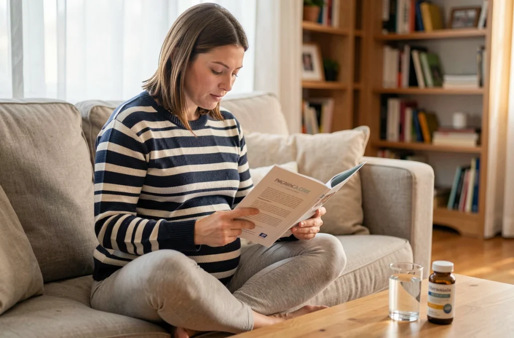 Femme enceinte consultant son carnet de suivi prénatal à domicile avec des vitamines prénatales sur la table