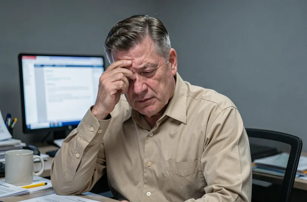 Homme fatigué se frottant les yeux devant un écran d'ordinateur au bureau, symptôme de fatigue chronique lié au diabète non diagnostiqué