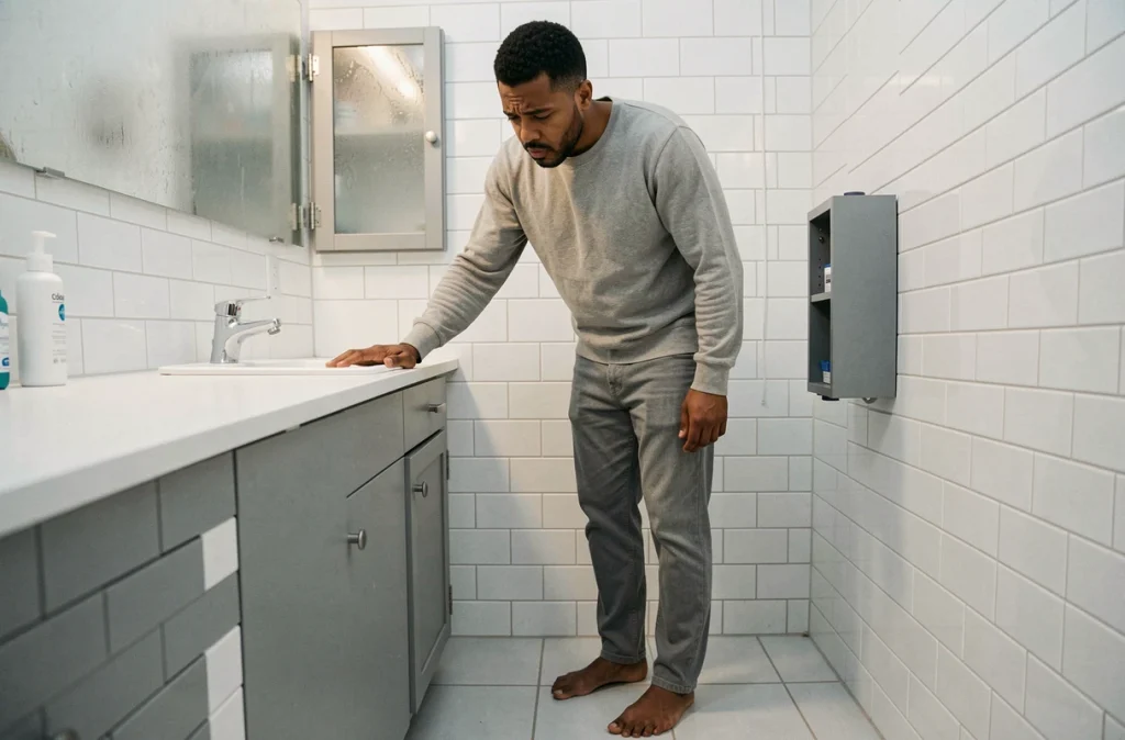 Personne examinant ses pieds dans une salle de bain, évoquant les complications précoces et symptômes discrets du diabète de type 2
