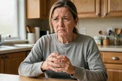 Femme fatiguée tenant un verre d'eau dans une cuisine, illustrant les symptômes précoces du diabète comme la soif excessive