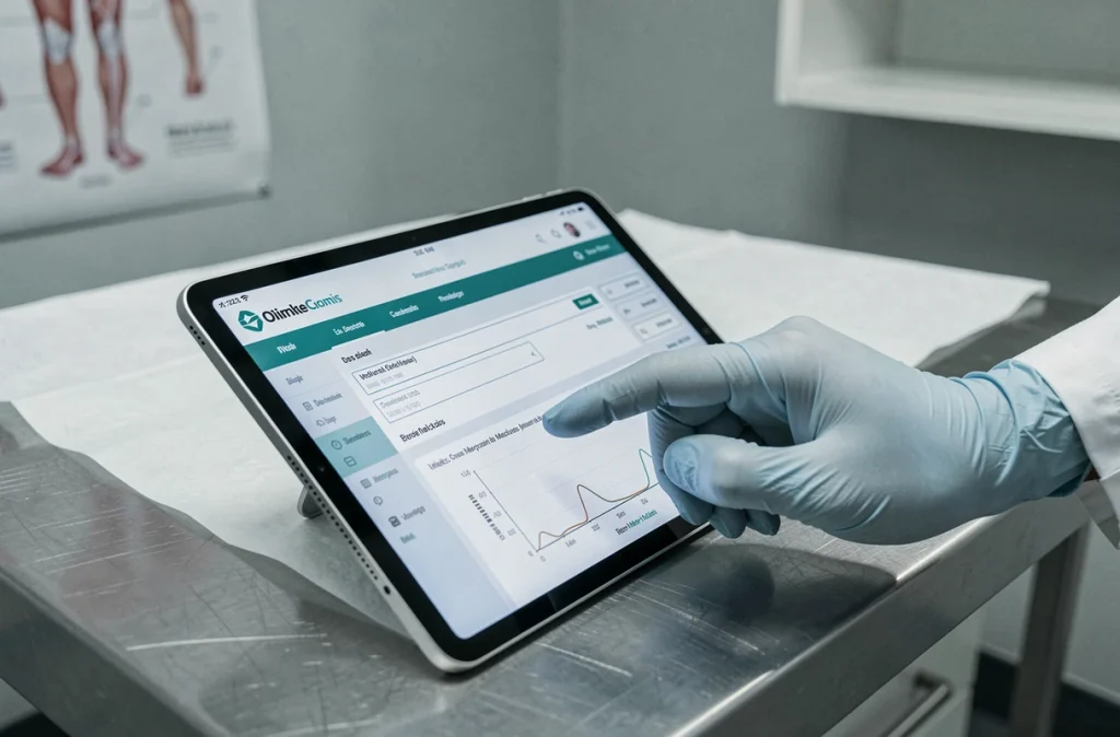 Tablette numérique affichant un dossier médical électronique posée sur une table d'examen dans une salle de consultation médicale