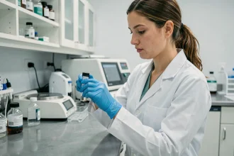 Technicienne de laboratoire manipulant un flacon d'urine pour analyse ECBU en laboratoire médical