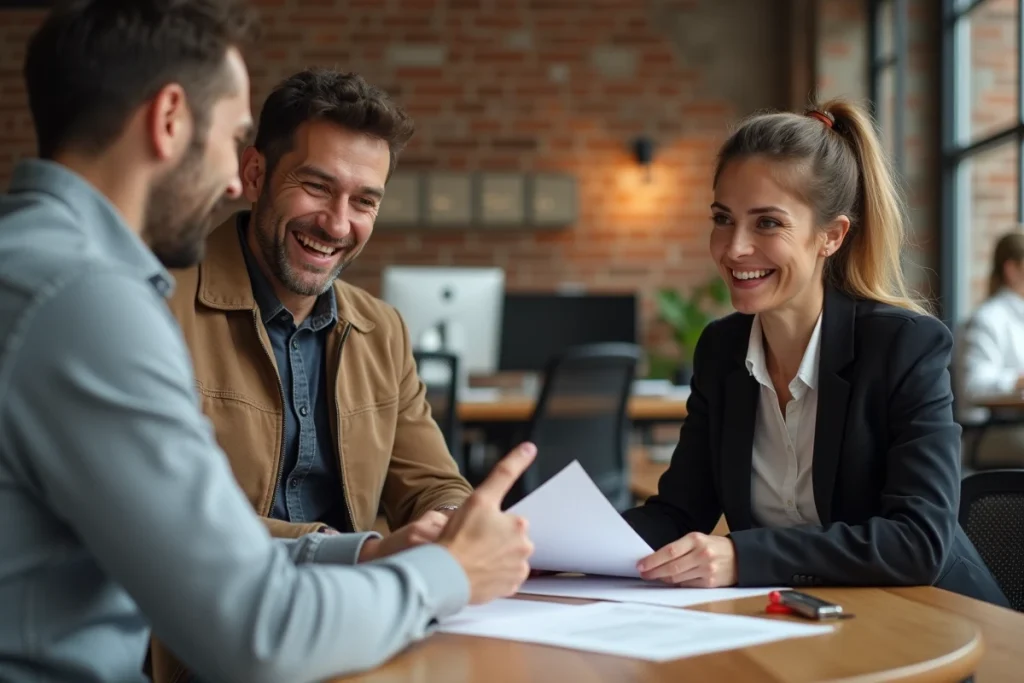 Deux utilisateurs discutant de leurs expériences avec le système INDIVA dans un espace de coworking moderne
