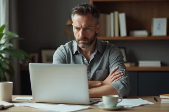 Homme sceptique en train d'évaluer le système INDIVA sur son ordinateur portable dans un bureau à domicile