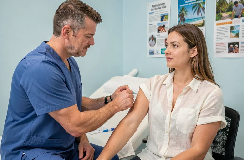 Infirmier administrant un vaccin à une voyageuse dans une clinique de santé du voyageur avant un départ pour la Tanzanie