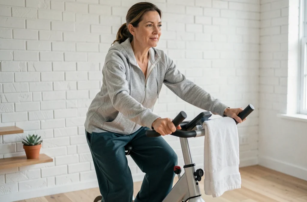 Femme d'une cinquantaine d'années faisant du vélo d'appartement à domicile dans une salle de sport lumineuse, pratiquant une activité physique modérée pour une perte de poids durable