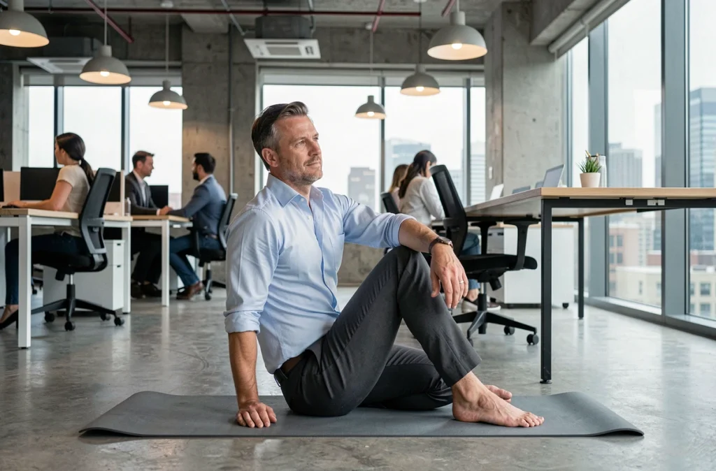 Homme en tenue de bureau pratiquant une torsion de yoga douce près d'un bureau debout dans un open space moderne