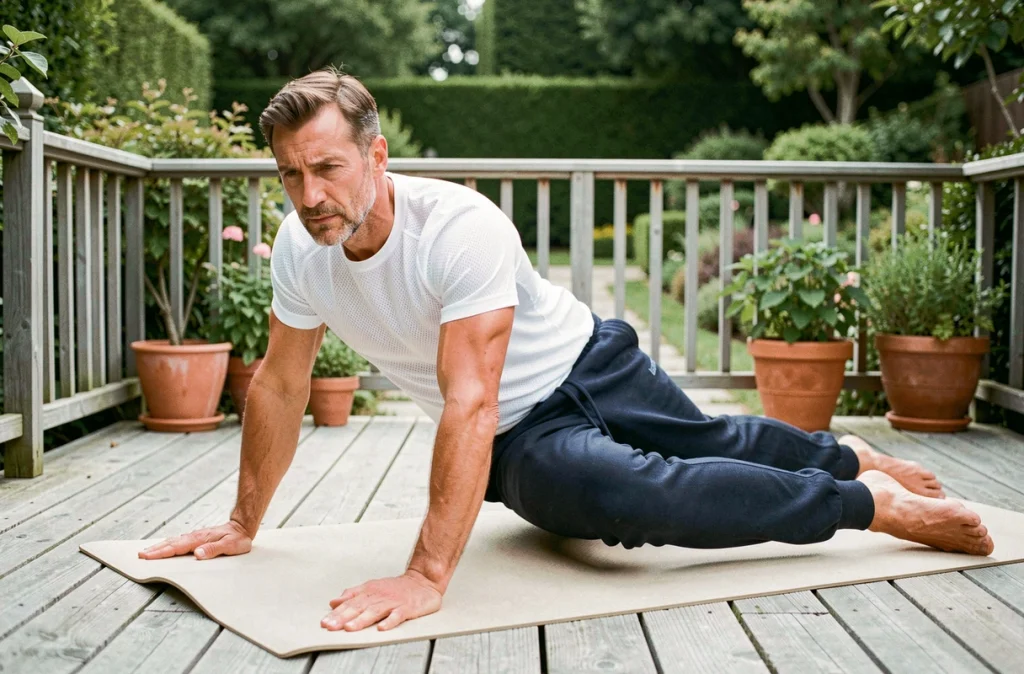 Homme d'une quarantaine d'années pratiquant une séance de yoga doux sur une terrasse en bois dans un jardin, illustrant une activité physique douce pour la gestion du poids